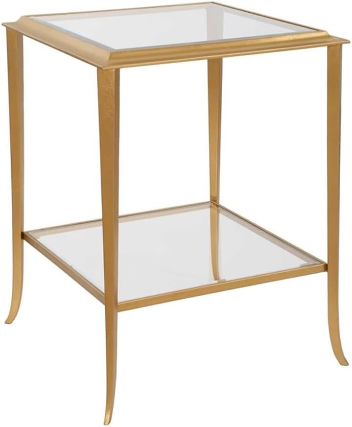 Pemberly Row Contemporary End Table, Iron Frame, Radiant Gold Leaf Finish, Beveled Tempered Glass Shelves, Flared Design, Durable Living Room Side Table