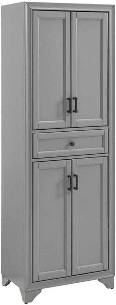 MAKLAINE Traditional Wood 4 Door Pantry, 67.75" H x 23.75" W x 15" D, MDF and Rubberwood, Distressed Gray/Black Finish, Adjustable Shelves, Full-Extension Drawer, Modern Farmhouse Kitchen Storage