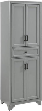 MAKLAINE Traditional Wood 4 Door Pantry, 67.75" H x 23.75" W x 15" D, MDF and Rubberwood, Distressed Gray/Black Finish, Adjustable Shelves, Full-Extension Drawer, Modern Farmhouse Kitchen Storage