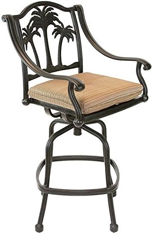 Palm Tree Outdoor Patio Set 4pc Swivel Barstools 30" H Dark Bronze Cast Aluminum, Walnut Cushions