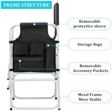 Outvita 26" Tall Directors Chair Height Seat Folding with Side Table Storage Bag, Support for 300Lbs Portable Makeup Artist Chair with Bar Height(Black)