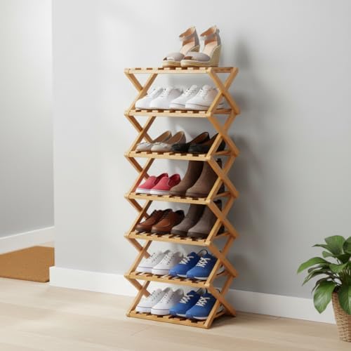 9 Tier Bamboo Shoe Rack – No Assembly Required, Holds 33 lbs per Tier Bamboo Expandable Shoe Rack, Space-Saving Collapsible Shoe Organizer for Entryway, Closet & Small Spaces (Brown, 7)