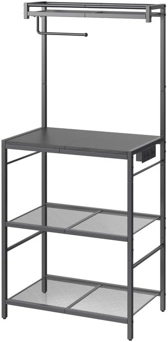 MAHANCRIS Bakers Rack with Storage, Microwave Stand with Paper Holder, Bakers Rack with Power Outlet, Coffee Bar Station with 6 Hooks, for Kitchen, Dining Room, Black BRBK36E01