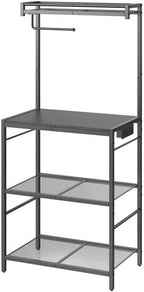MAHANCRIS Bakers Rack with Storage, Microwave Stand with Paper Holder, Bakers Rack with Power Outlet, Coffee Bar Station with 6 Hooks, for Kitchen, Dining Room, Black BRBK36E01