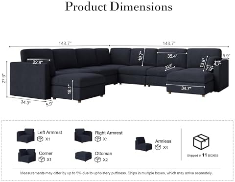 Oversized Modular Sectional Sofa, Blue 9 Seater Cloud U-Shaped Luxury Corner Sectional Couches for Living Room, Solid Wood Frame Sofa, Removable Washable Cover, Large chenille Deep Seat Couch
