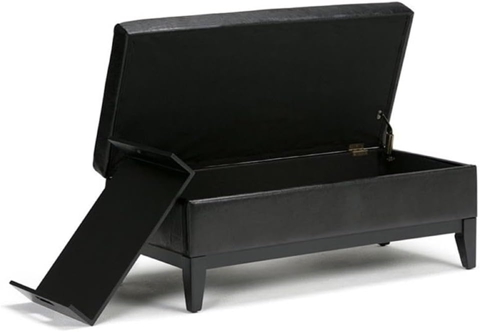 42"W Leather Storage Ottoman Bench with Lift Top and Trays, Footrest with Large Storage Space, Black Storage Chest with Wood Legs, Queen Size End of Bed Bench with Hidden Space for Blankets