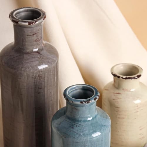 CUCUMI Ceramic Vases Set of 3, Rustic Coastal Vases Home Decor | Farmhouse Flower Vases Decor for Shelves, Ocean Beach Style, Mantle, Fireplace, Coffee Table, Shelf Decorations