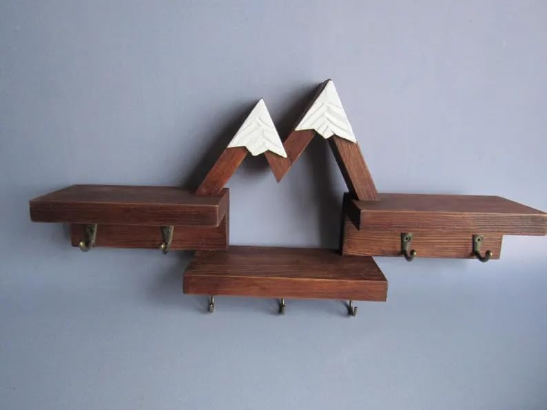 Rustic Mountain Wall Shelf with Hooks, Wood & Metal Wall Storage Organizer, Decorative Floating Shelves for Entryway Bedroom Nursery, Farmhouse Style Home Decor