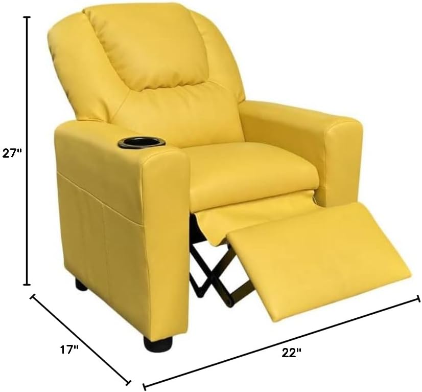 Lilola Home Marisa Kids Recliner Chair with Cup Holder, Yellow PU Leather Youth Reclining Chair, Child Recliner for Boys and Girls, Bedroom, Playroom, Nursery Seating, Water Resistant, Ages 1–5