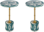Pemberly Row Set of 2 14" Round Bone Inlay Iron Side Tables in Teal/Gold