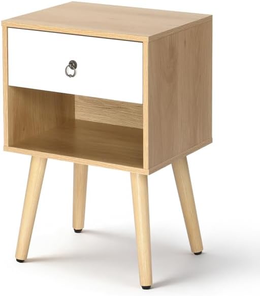 Mid-Century Modern Nightstand with Drawer and Open Shelf, Bedside Table with Solid Wood Legs and Adjustable Feet, Linen-Textured Side Table for Bedroom and Living Room, Oak & White (1 Pack)