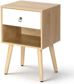Mid-Century Modern Nightstand with Drawer and Open Shelf, Bedside Table with Solid Wood Legs and Adjustable Feet, Linen-Textured Side Table for Bedroom and Living Room, Oak & White (1 Pack)