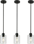 3 Pack Black Pendant Lights Kitchen Island, Modern Industrial Matte Black Hanging Light Fixtures, Adjustable Downrod Farmhouse Glass Pendant Lighting for Dining Room Bedroom Hallway Entryway
