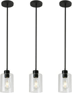 3 Pack Black Pendant Lights Kitchen Island, Modern Industrial Matte Black Hanging Light Fixtures, Adjustable Downrod Farmhouse Glass Pendant Lighting for Dining Room Bedroom Hallway Entryway