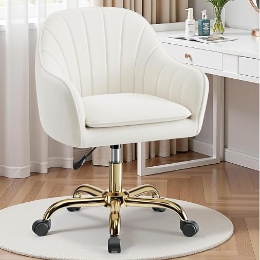 Vanity Chair with Wheels, Adjustable Swivel Desk Chair, Velvet Home Office Makeup Chair with Gold Base, Beige