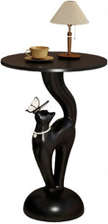 Elegant Resin Cat Sculpture Side Table with Tray, Modern Creative Bedside Table, Art Accent Tables for Living Room Bedroom Apartment Office Small Spaces Funky Furniture for Home Decor(Black,Large)