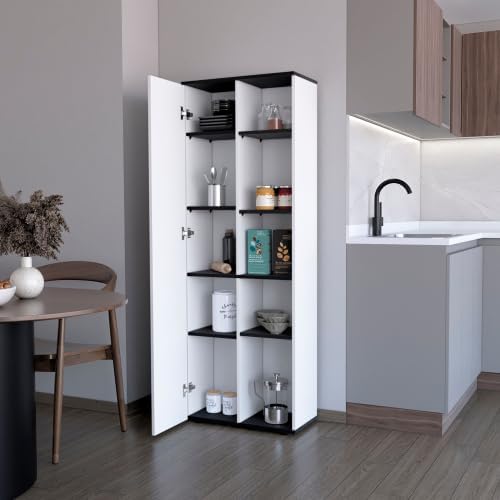67" H Pantry Cabinet with Door & Open Shelves,Kitchen Food Storage Cabinets Cupboard Credenza Bufffet Cabinet for Kitchen, Dining Room, Living Room,White+Black