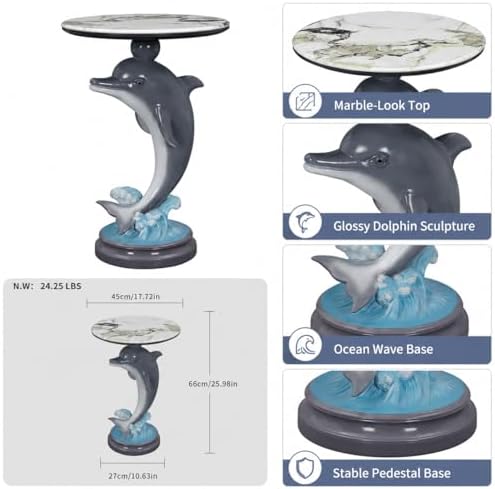 Dolphin Side Table, 25.98 in Animal End Table, Round Marble-Look Top, Hand-Painted, Auto-Grade Finish, Durable and Easy Clean