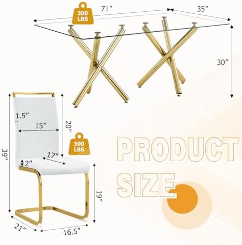 AZmac Modern Dining Table Set for 8 with Gold Metal Frame, 9-Piece Glass Dining Table with PU High Back Chairs for Kitchen Dining Room, Glass Table and 8 White Chairs