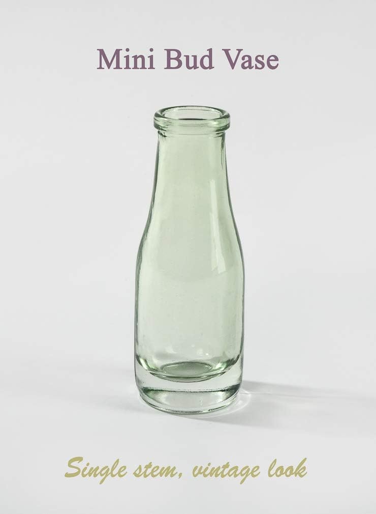 Serene Spaces Living Mini Green Glass Bud Vase, Centerpiece for Wedding Reception, Mini Flower Vases for Home Decor, Vintage Bottle Style Vase, Pack of 48