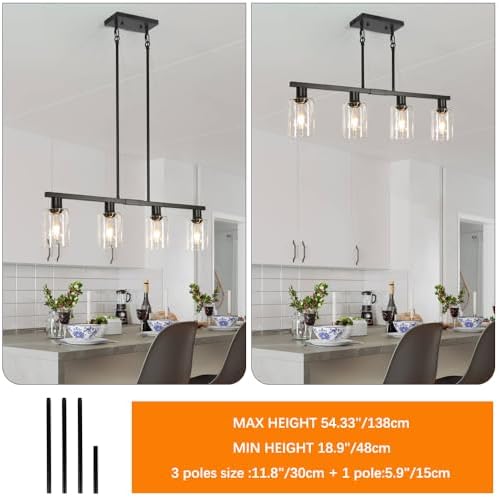 4-Light Kitchen Island Lighting, Black Simplicity Bar Island Lights for Kitchen, Farmhouse Chandelier with Adjustable Height & Clear Glass Shades, Linear Hanging Dining Room Light Fixture Over Table