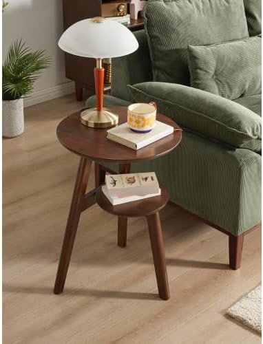 Mid Century Modern Side Table - 2-Tier Round End Tables Living Room, Walnut End Table Nightstand, Small Round Coffee Table Accent, Mid Century End Table, Oak