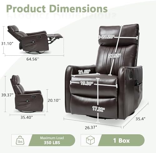 cinkehome Swivel Rocker Recliner, Glider Rocker Recliner Chair for Nursery, Manual Reclining Chair with Heated Massage, Small Spaces, Living Room, Faux Leather Brown