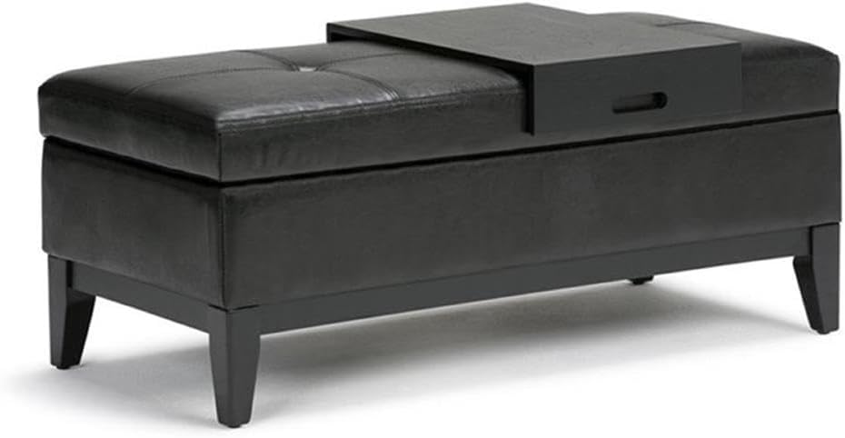42"W Leather Storage Ottoman Bench with Lift Top and Trays, Footrest with Large Storage Space, Black Storage Chest with Wood Legs, Queen Size End of Bed Bench with Hidden Space for Blankets