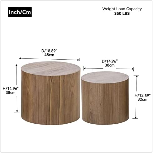 Round Coffee Table Set of 2, Nesting Coffee Table and End Table Set Wood Small Circle Drum Side Table for Living Room Office, No Assembly,Walnut
