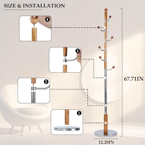 Wood Coat Rack Freestanding, Natural Coats Tree Stand with 14 Hooks, 73" Sturdy and Easy Assembly Coat Rack Stand for Entryway, Hallway, Bedroom, Bags, Hats (Metal Disc Base, Walnut Swivel Hook)