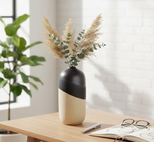 Young's Inc Ceramic Black Dipped Vase for Modern Home Decor, 10.04" Tall, Elegant Minimalist Flower Vase, Beige and Black Ceramic Accent for Living Room, Office, and Contemporary Home Spaces