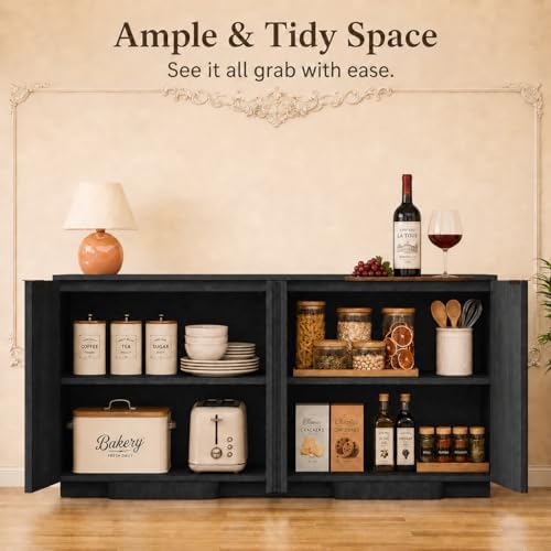 Yechen Buffet Cabinet with Storage, 55" Accent Sideboard Modern Credenza with Doors & Adjustable Shelves Fluted Media Console Wood Coffee Bar Table for Living Kitchen Dining Room Black(4 Door)