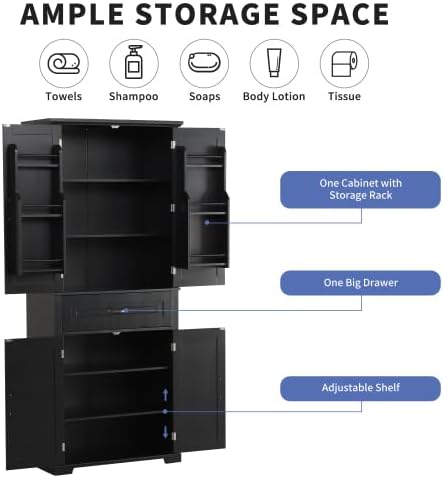 Bathroom Storage Cabinet with Doors and Drawer, Multiple Storage Space, Adjustable Shelf, White (Black)