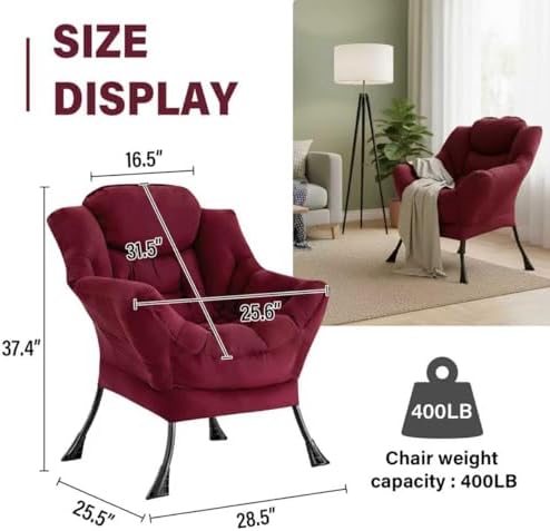 Lazy Chair for Living Room, Modern Soft Reading Chair Accent Contemporary Sofa Chair with Armrests and a Side Pocket for Bedroom, Dorm & Office, Burgundy