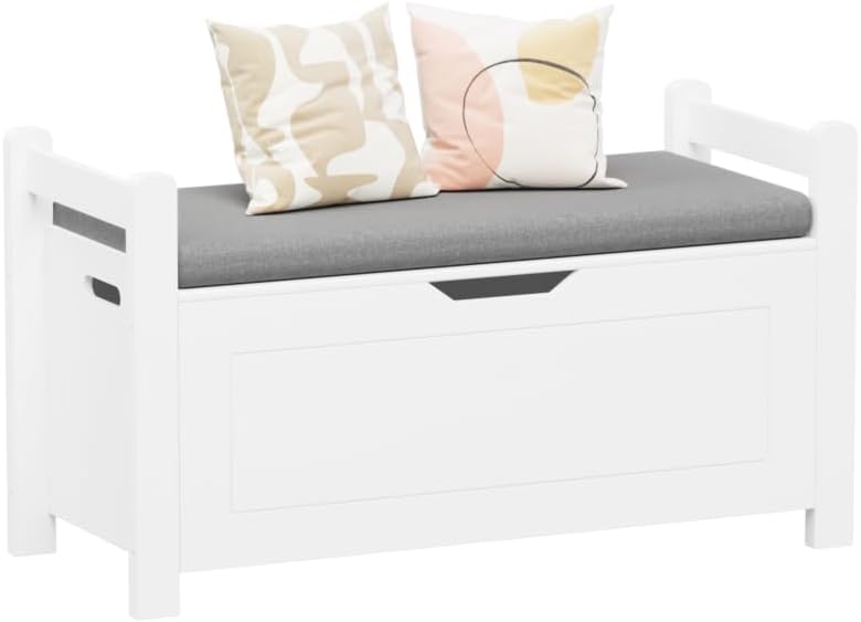Kids Toy Storage Box with Cushion Seat & Flip-Top Lid – White Wooden Toy Chest with Safety Hinge, Large Organizer Trunk for Nursery, Playroom & Bedroom
