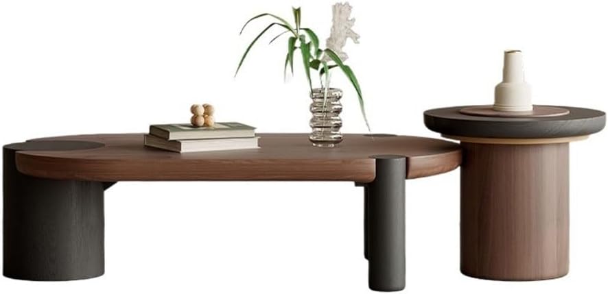 Mobile Side Table Modern Wooden Nesting Coffee Table Set Oval & Round Living Room Office Contrast Finish