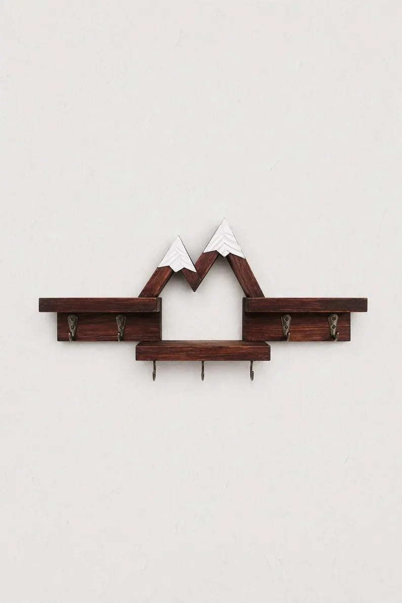 Rustic Mountain Wall Shelf with Hooks, Wood & Metal Wall Storage Organizer, Decorative Floating Shelves for Entryway Bedroom Nursery, Farmhouse Style Home Decor
