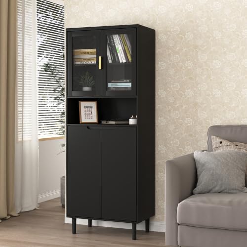 Kitchen Pantry Storage Cabinet, Glass Door Kitchen Hutch Cabinet with Storage Compartment, 71" High Buffet Sideboard Modern Cupboard for Snacks, Spices & Wine, Black