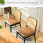 Rattan Dining Chairs Set of 6, Upholstered Faux Leather Dining Chairs with Cane Back, Mid Century Modern Kitchen & Dining Room Chairs, Boho Style, Brown