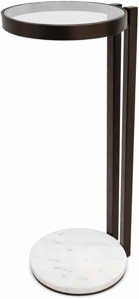 Black Drink Table with Glass Top & White Marble Base | Decorative Modern End Table | Metal Base Side Table | Accent Table for Living Room | 10x10x23.25