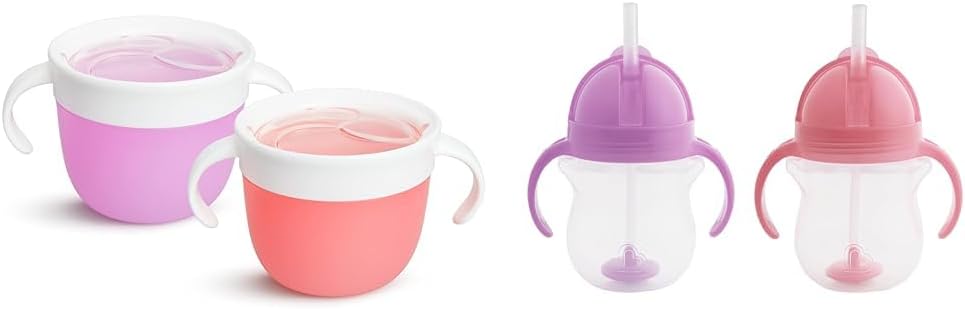 Munchkin® SnackTM Catcher Toddler Snack Cups, 2 Pack, Pink/Purple and Any AngleTM Weighted Straw Trainer Cup with Click LockTM Lid, 7 Ounce, 2 Pack, Pink/Purple