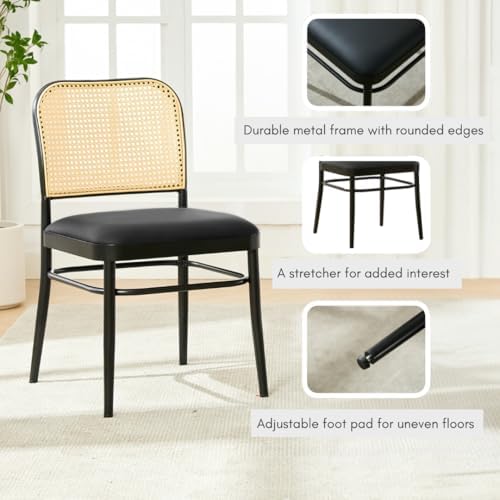 Rattan Dining Chairs Set of 4, Upholstered Faux Leather Dining Chairs with Cane Back, Mid Century Modern Kitchen & Dining Room Chairs, Boho Style, Black