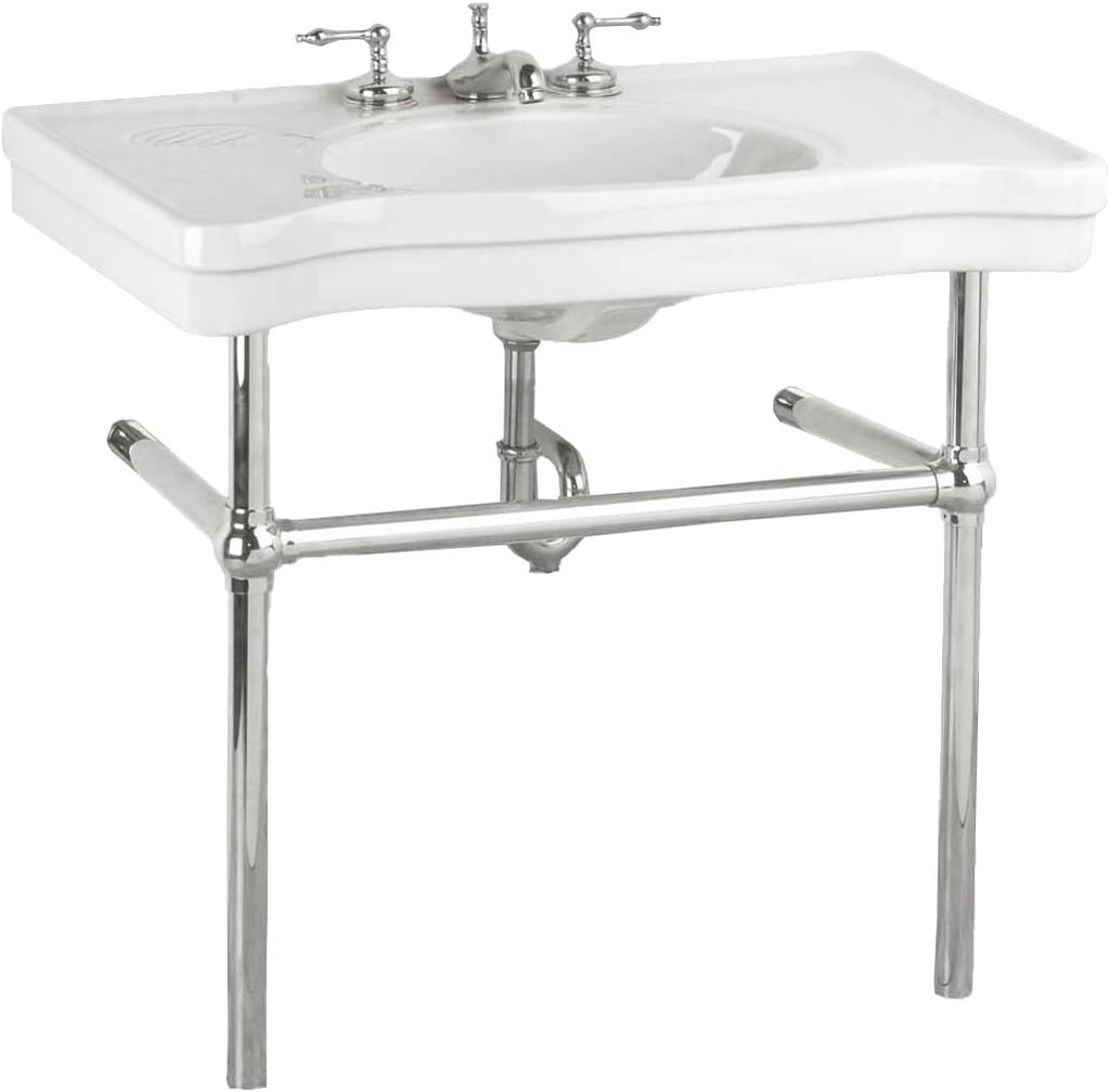 Renovators Supply Manufacturing Wall Mount Bathroom Sink – 35.5" Wide Belle Epoque White Porcelain Console Sink with 8" Widespread Faucet Holes, Pedestal Style, Brass Metal Legs in Chrome Finish