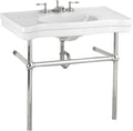 Renovators Supply Manufacturing Wall Mount Bathroom Sink – 35.5" Wide Belle Epoque White Porcelain Console Sink with 8" Widespread Faucet Holes, Pedestal Style, Brass Metal Legs in Chrome Finish