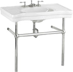 Renovators Supply Manufacturing Wall Mount Bathroom Sink – 35.5" Wide Belle Epoque White Porcelain Console Sink with 8" Widespread Faucet Holes, Pedestal Style, Brass Metal Legs in Chrome Finish