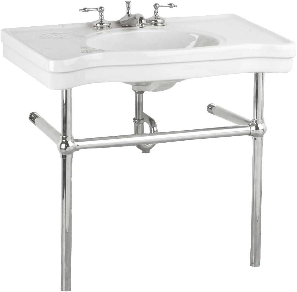 Renovators Supply Manufacturing Wall Mount Bathroom Sink – 35.5" Wide Belle Epoque White Porcelain Console Sink with 8" Widespread Faucet Holes, Pedestal Style, Brass Metal Legs in Chrome Finish