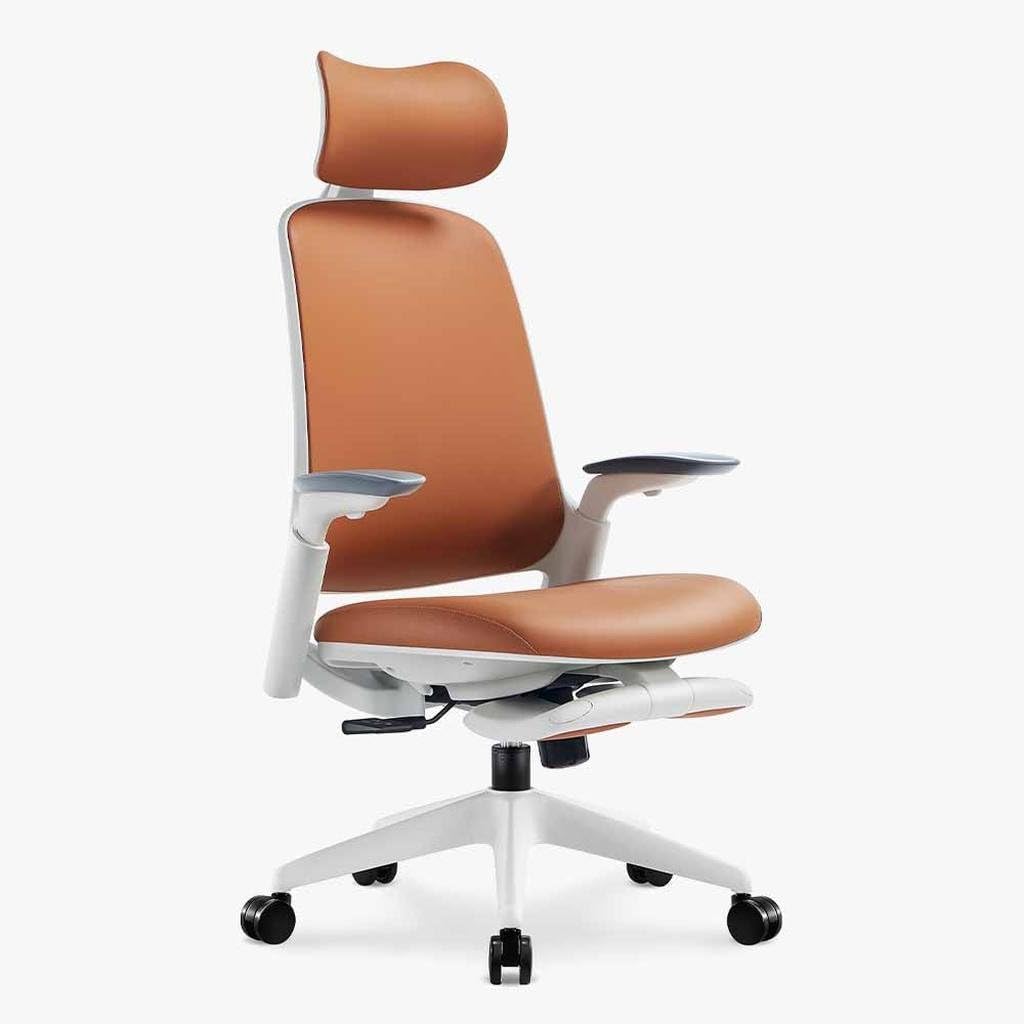 Sunaofe Boss Pro Leather Ergonomic Office Chair with Footrest - Executive Chair, 4D Armrests, Adaptive Lumbar, 125° Recline, 300lb Capacity, 5-Year Warranty White Frame/Brown