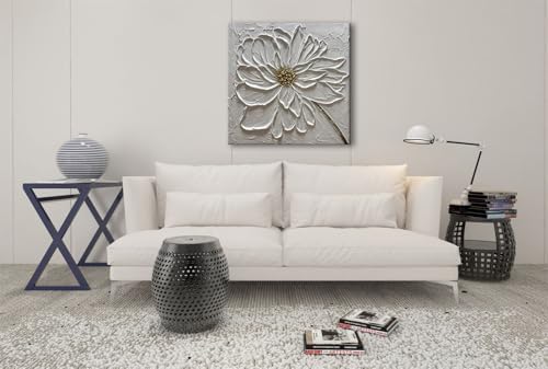 Slyart Hand Paintings 3D Floral Canvas Wall Art 24x24 Inches Abstract White Flower Paintings Modern Contemporary Texture Wall Art White Artwork for Home Decorations