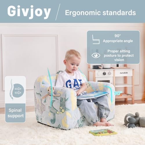 Toddler Chair Plush Kids Couch, Comfy Glow in The Dark Dinosaur Chair with Removable and Washable Cover Carrying Handle Kids Sofa, Convertible Toddler Couch for Playroom Girls and Boys Green