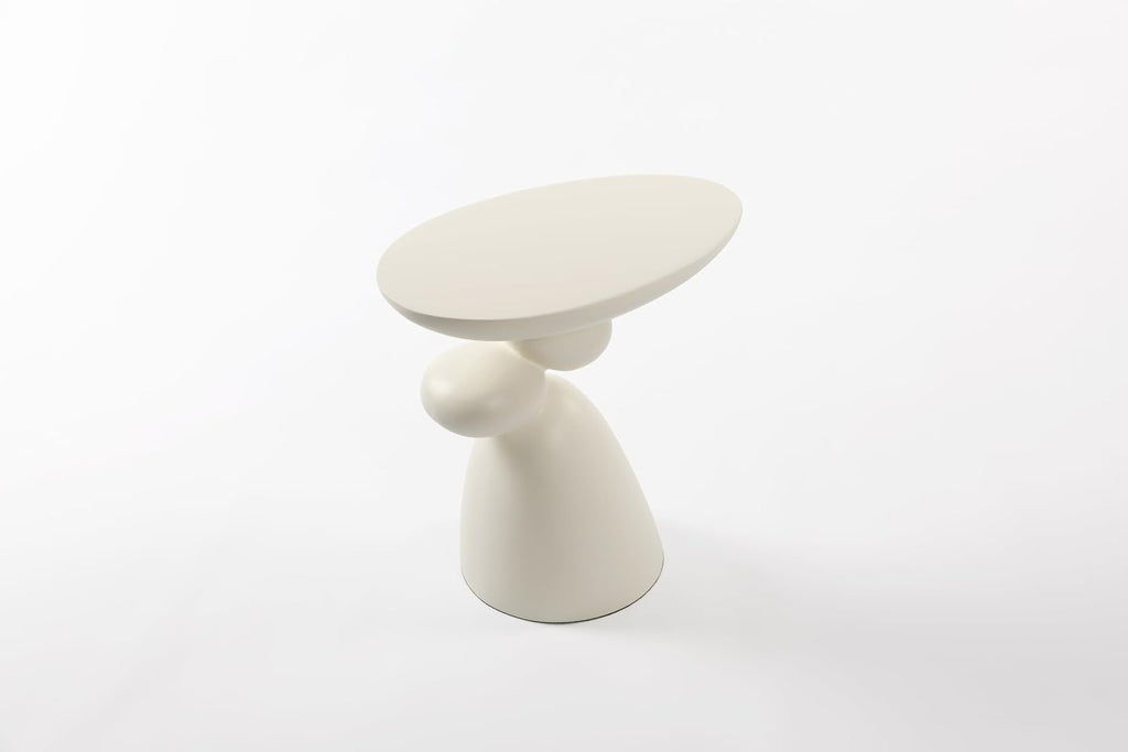 Modern Coffee End Table with Lucky Stone Design, Minimalist Fiberglass Small Side Table, Unique Pedestal Corner Sofa Tables, Home Decor for Living Room Bedroom Office, Milk White